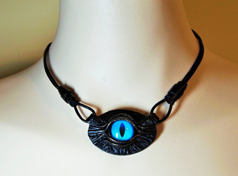 Black leather necklace pendant dragon eye. Leather bib necklace evil eye. Gothic fashion. Halloween fantasy necklace. Men Women necklace. image 1