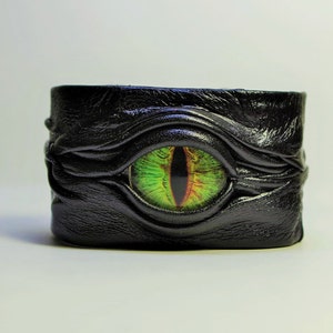 Ojo maligno, ojo de serpiente, ojo de dragón ajustable brazalete de cuero negro. Brazalete de cuero de ojo de gato. Esposa de Halloween. Larp