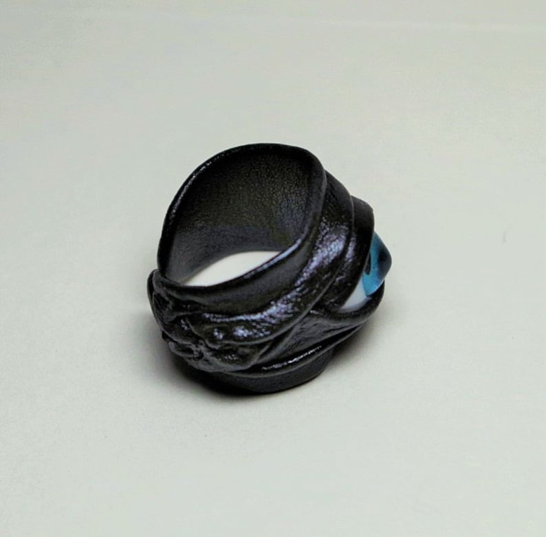 Evil eye adjustable black real leather ring. Halloween leather ring. LARP. Leather ring. Statement ring. Mens leather ring, womens ring. image 3