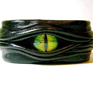 Evil eye, snake eye, dragon eye adjustable black leather bracelet cuff. Cat eye leather bracelet cuff. Halloween. LARP. Occult witchcraft