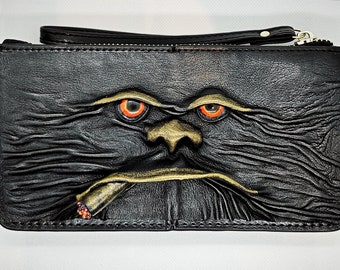 Real Leather Long Black Clutch wristlet Women Zipper cowhide Purse Wallet Card Holders. Smoker monster bag