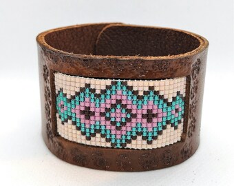 Leather tooled bracelet , woven beaded cuff, weaving miyuki beads, gift for women, genuine real leather, brown, turquoise jewelry, cowgirl