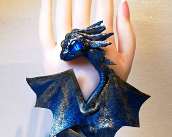 Fantasy genuine real leather Cuff, Black blue adjustable leather Dragon Bracelet, Woman's Man's Cosplay armband, Gothic Bracelet, Necklace