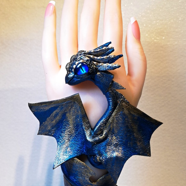 Fantasy genuine real leather Cuff, Black blue adjustable leather Dragon Bracelet, Woman's Man's Cosplay armband, Gothic Bracelet, Necklace