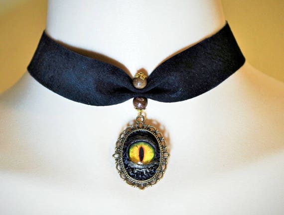 *MYSTICAL WINGED DRAGON* Black Velvet Ribbon Choker Necklace GOTHIC WICCA PAGAN
