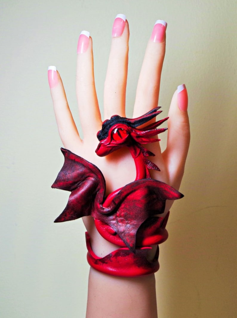 Fantasy Dragon Cuff Bracelet Red Adjustable Leather Bracelet Etsy