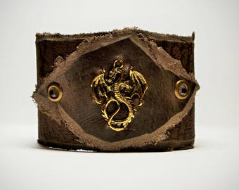 Men Women dark olive brown Leather Cuff Bracelet with bronze dragon Distressed Genuine Leather bracelet wristband. Raw edge leather medieval
