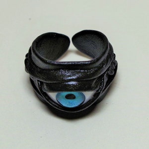 Evil eye adjustable black real leather ring. Halloween leather ring. LARP. Leather ring. Statement ring. Mens leather ring, womens ring. image 2