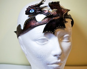 Real leather dragon Headpiece / Headdress / Tiara for special occasions, formal, festivals, burning man. Leather cuff costume cosplay.