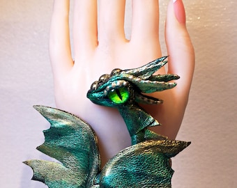 Fantasy Dragon Cuff Bracelet, Green adjustable leather Dragon Bracelet, Woman's Man's Cosplay Leather Bracelet, Dragon Eye