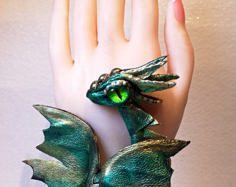 Fantasy Dragon Cuff Bracelet, Green adjustable leather Dragon Bracelet, Woman's Man's Cosplay Leather Bracelet, Dragon Eye