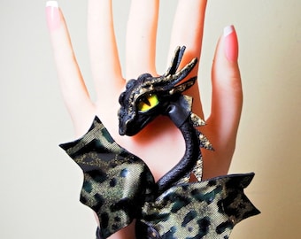 Fantasy Dragon Cuff Bracelet, Black adjustable leather Dragon Bracelet, Woman's Man's Cosplay Leather Bracelet, Gothic Bracelet, Dragon Eye