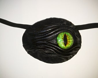 Dragon eye eye patch black leather. Green eye. Pirate eyepatch. Halloween eye patch. Wicked Fashion. LARP.  Medical