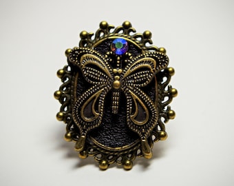 Antiqued bronze butterfly ring. Steampunk Edvardian Victorian Jewelry. Victorian ring.  Rhinestone crystal ring. Statement cocktail ring.