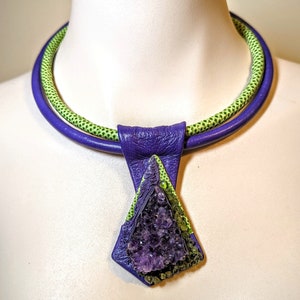 Purple green real leather snakeskin necklace earrings Amethyst Peridot maxi statement bib necklace choker women collar big chunky. image 2