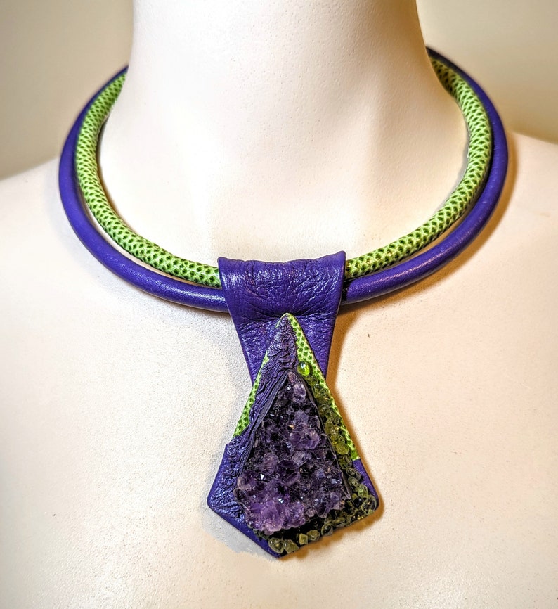 Purple green real leather snakeskin necklace earrings Amethyst Peridot maxi statement bib necklace choker women collar big chunky. image 2