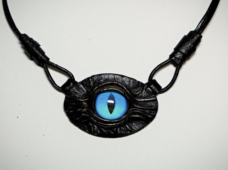 Black leather necklace pendant dragon eye. Leather bib necklace evil eye. Gothic fashion. Halloween fantasy necklace. Men Women necklace. image 2