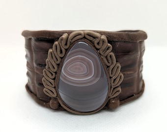 Handmade unique real brown alligator skin leather bracelet cuff with Botswana agate. Leather statement bracelet bangle semiprecious stone