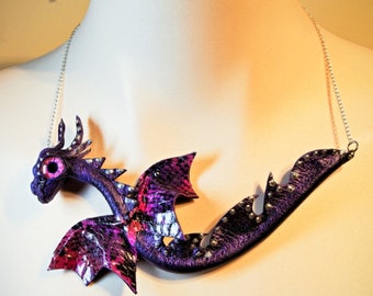 Fantasy purple leather necklace dragon. Statement bib necklace choker for women. Collar big chunky. Gothic Costume cosplay jewelry Sci-fi.