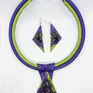 Purple green real leather snakeskin necklace earrings Amethyst Peridot maxi statement bib necklace choker women collar big chunky. image 4