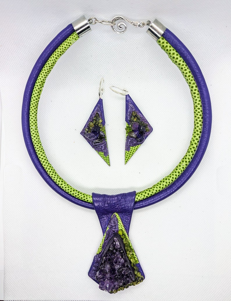 Purple green real leather snakeskin necklace earrings Amethyst Peridot maxi statement bib necklace choker women collar big chunky. image 4