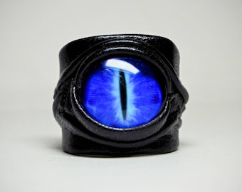 Handmade leather ring. Adjustable Statement ring. Magic evil eye occult ring. witch wicca ring. Dragon eye black leather ring.