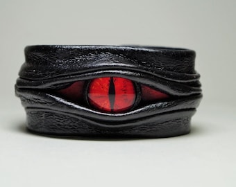 Dragon eye adjustable black handmade leather bracelet cuff. Halloween bracelet. Eyeball bracelet cuff. Leather bracelet cuff. Wicked Fashion