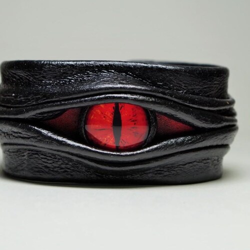 Dragon eye adjustable black handmade leather bracelet cuff. Halloween bracelet. Eyeball bracelet cuff. Leather bracelet cuff. Wicked Fashion