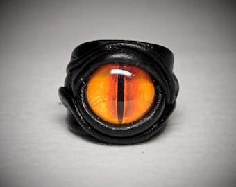 Dragon eye adjustable genuine leather ring. Burning man costumes. Wearable art. Horror leather ring. Devil eye ring. Halloween ring.