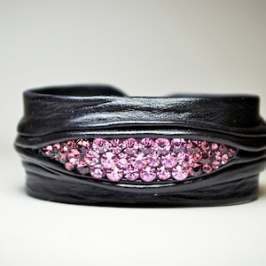 Adjustable black leather bracelet cuff,  pink Rhinestone crystals. Gift for her. Statement cocktail bracelet. Wristband. Boho bracelet