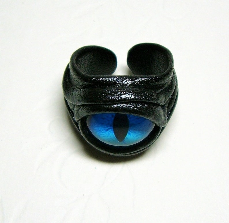 Peut inclure: Une bague en cuir noir avec un motif &oelig;il de chat bleu.