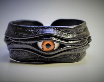 Adjustable black leather bracelet cuff bangle wristband for men women. Evil eye handmade jewelry. LARP cosplay