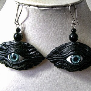 Black leather earrings with blue eye. Evil eye leather earrings. Halloween earrings. Dangle leather earrings. image 1