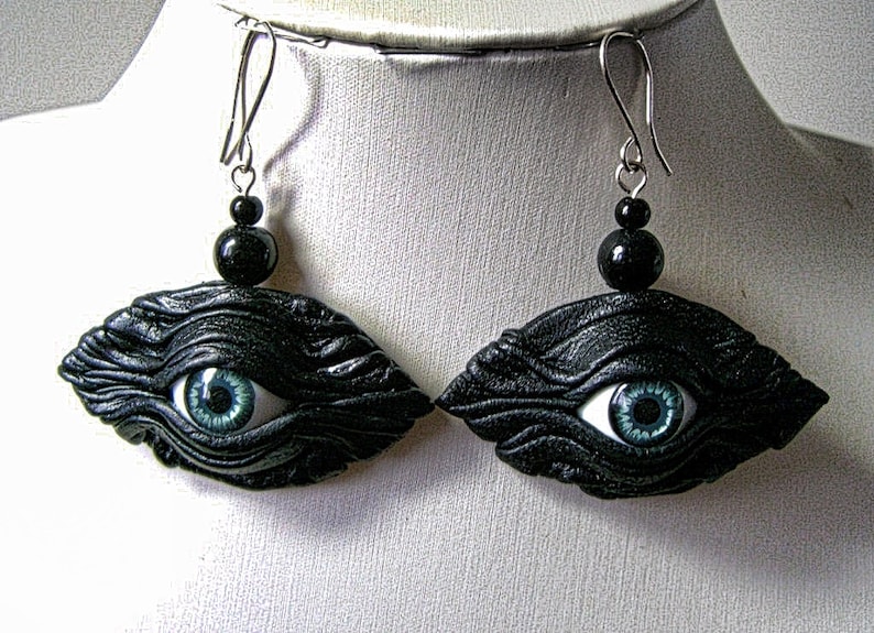Black leather earrings with blue eye. Evil eye leather earrings. Halloween earrings. Dangle leather earrings. image 1