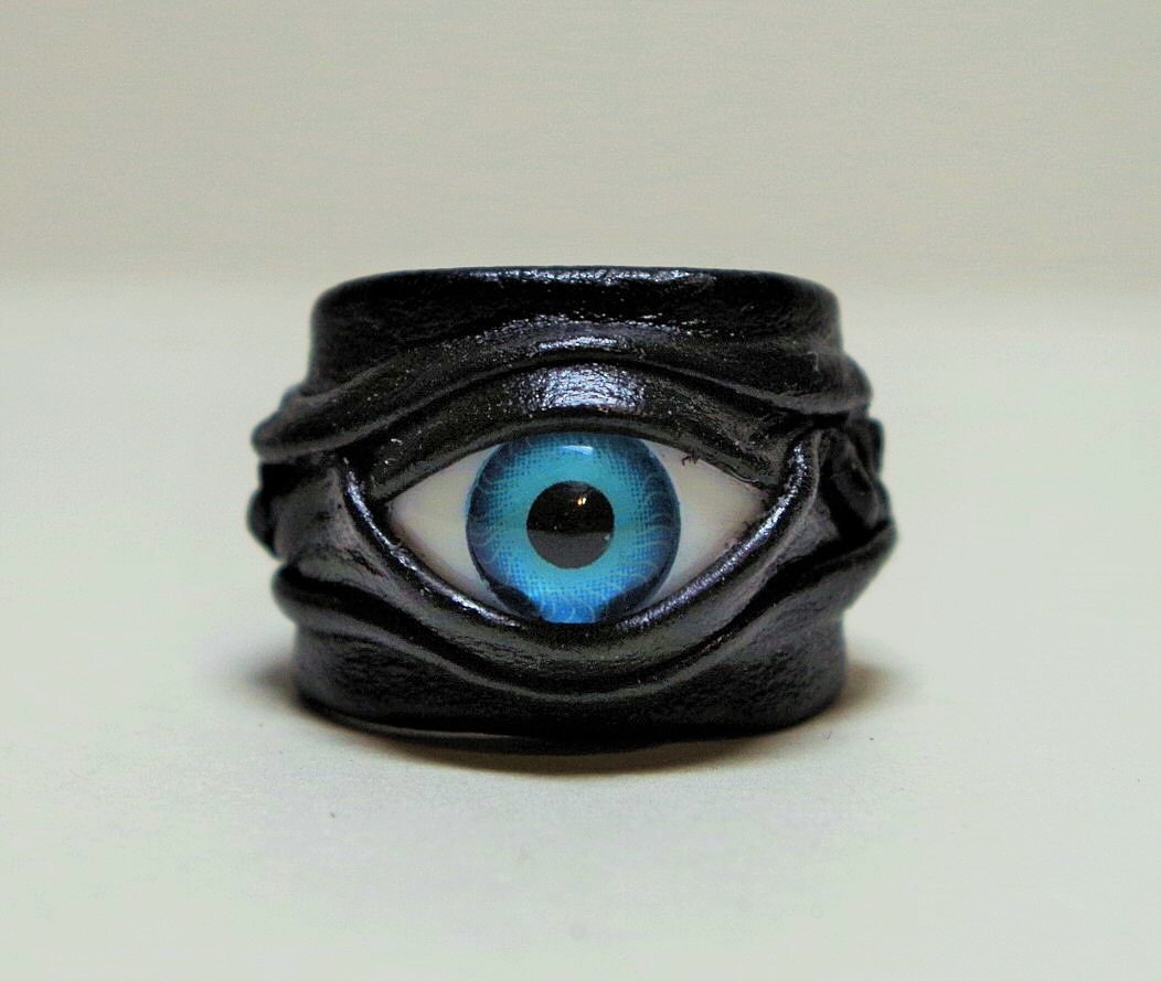 Evil eye adjustable black genuine leather ring. Halloween leather rin…