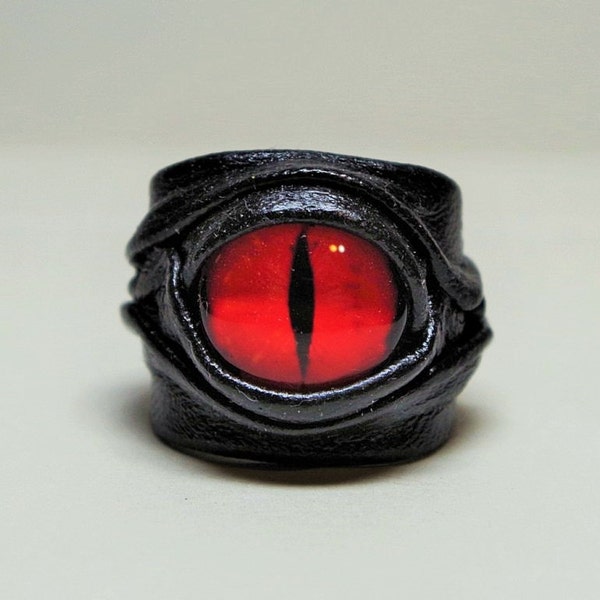 Dragon eye adjustable leather ring. Mens leather ring. Horror leather ring. Statement leather ring. Halloween ring.