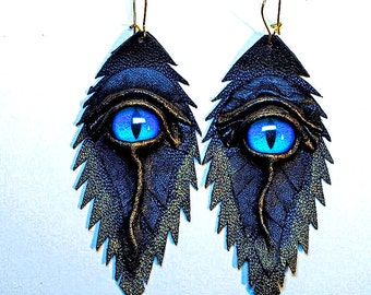 Dragon eye black antiqued genuine leather earrings.  Leather Feather earrings. Halloween earrings. LARP. Dangle earrings.