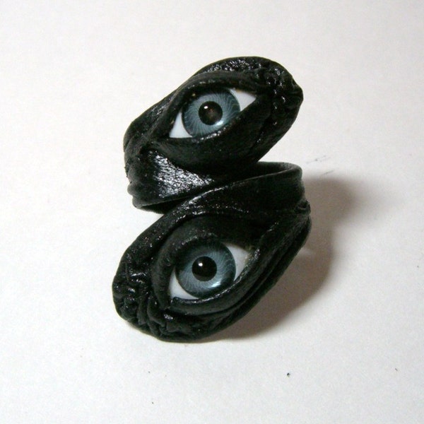 Evil eye adjustable black leather ring, Halloween ring, statement ring, double wrap ring.