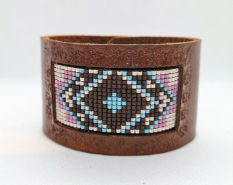 Leather tooled bracelet , woven beaded cuff, weaving miyuki beads, gift for women, genuine real leather, brown, turquoise jewelry, cowgirl