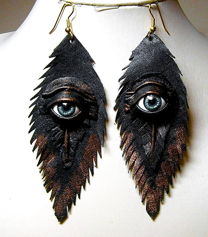 Evil eye black antiqued leather feather earrings. Handmade feather earrings. Halloween earrings. Horror earrings. Wicked Fashion 