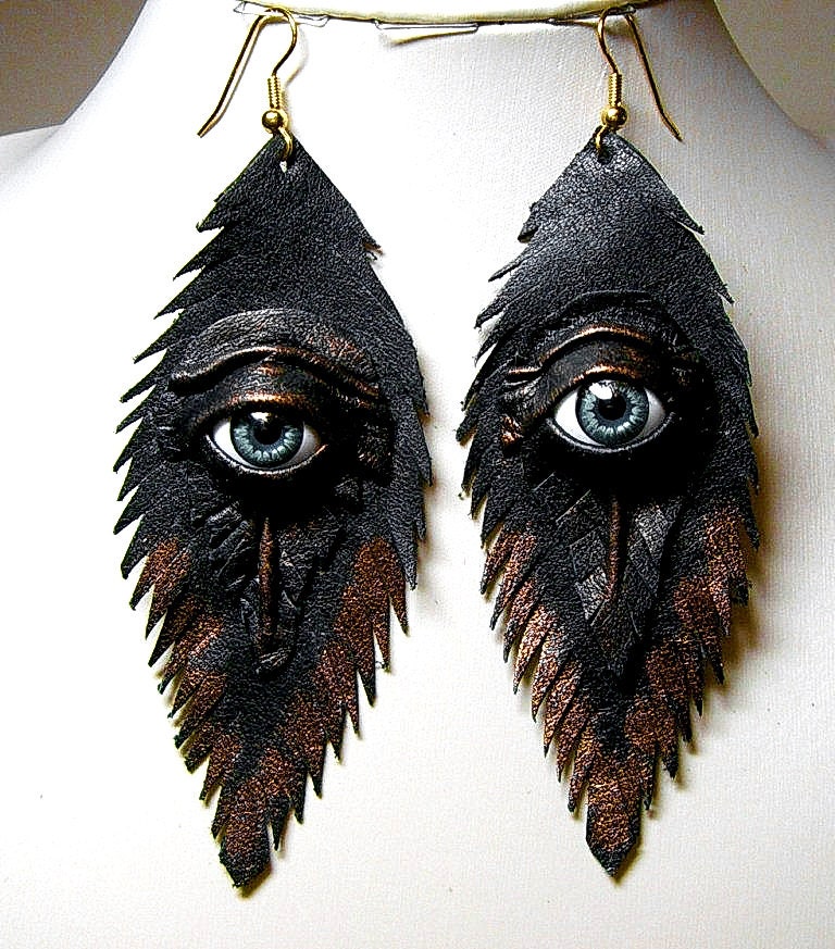 Evil eye black antiqued leather feather earrings. Handmade feather ea…