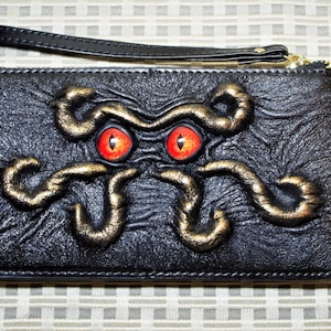 Bolso de mano largo negro de cuero Real para mujer, cartera de piel de vaca con cremallera, tarjetero, pulsera. Cartera de piel hecha a mano. tentáculos pulpo