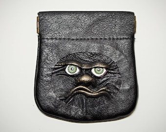 Leather Change Pouch | Coin Holder | Money Pinch Purse | black leather | squeeze purse | flex frame wallet | 3D dragon eye face | dice bag