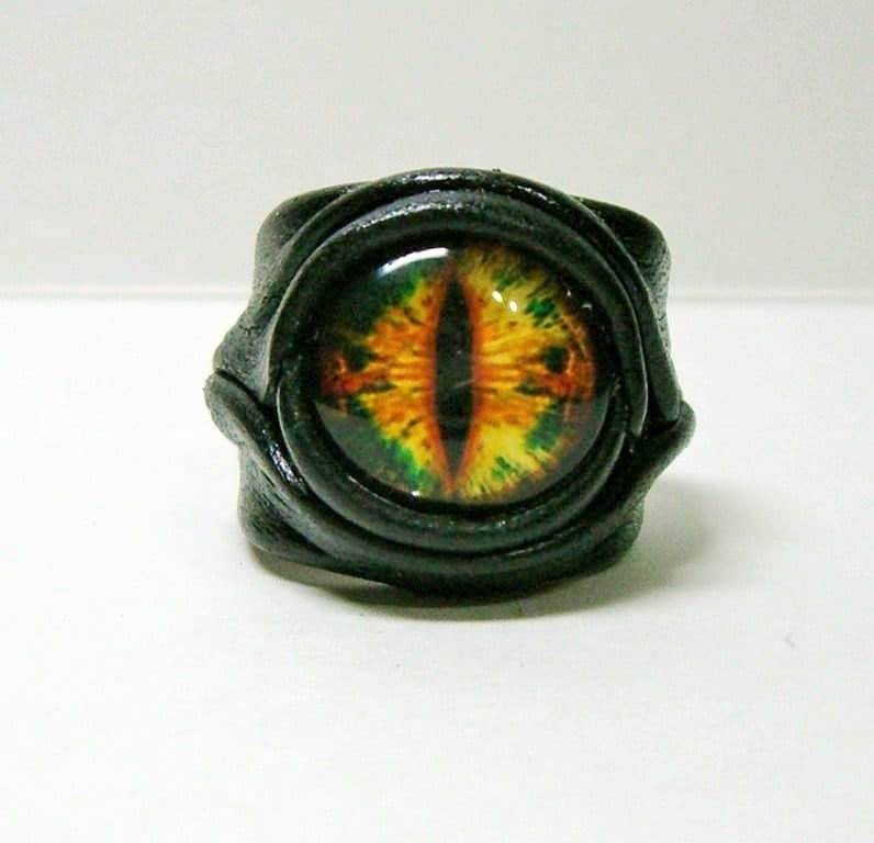 Handmade leather ring. Adjustable Statement ring. Magic evil eye occult ring. Dragon eye black leather ring.