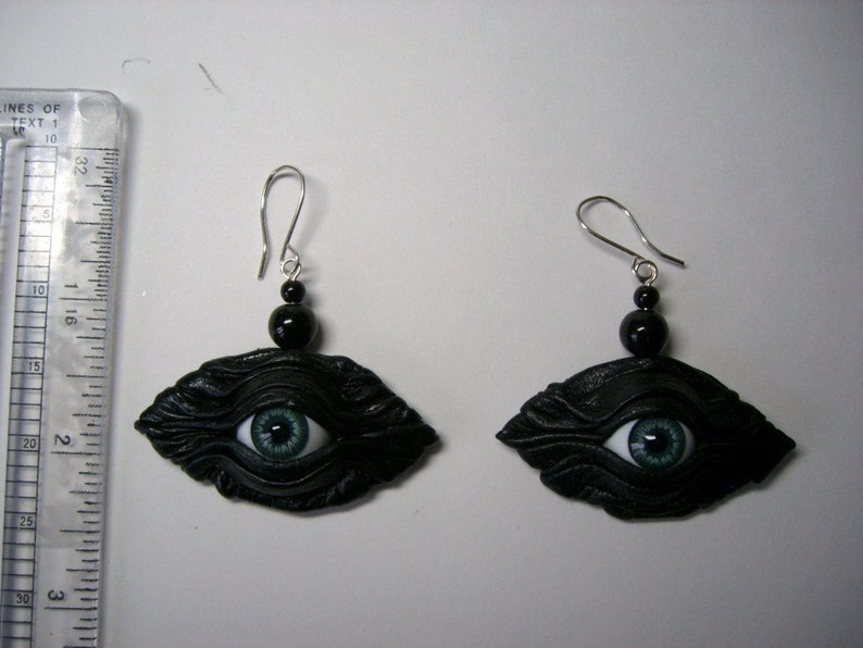 Black leather earrings with blue eye. Evil eye leather earrings. Halloween earrings. Dangle leather earrings. image 4