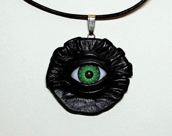 Black leather necklace with evil eye.  halloween necklace .  Horror necklace.  Eye pendant. Wicked Fashion. LARP