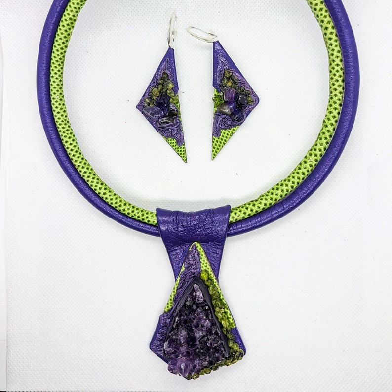 Purple green real leather snakeskin necklace earrings Amethyst Peridot maxi statement bib necklace choker women collar big chunky. image 1