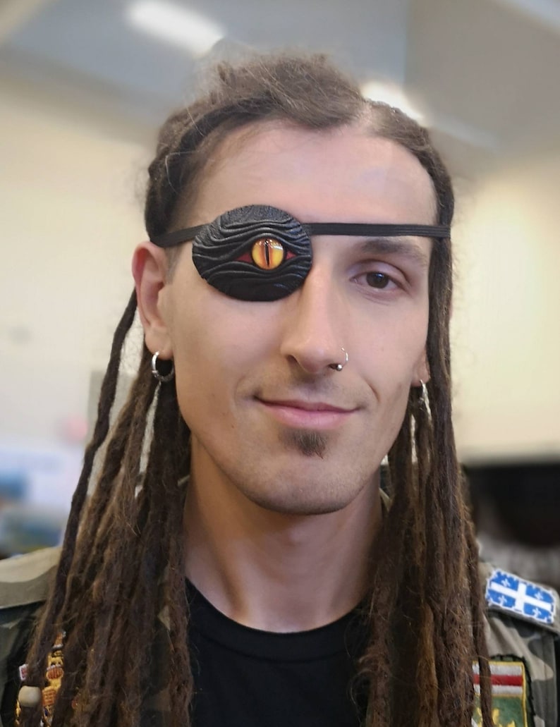 Black Leather Eye Patch Cosplay Evil eye Steampunk Pirate Captain Medical Stage Gothic Halloween costume. Necklace, bracelet, hair holder image 3