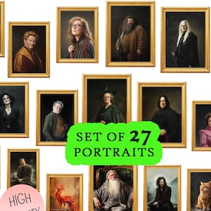 May include: A collection of 27 framed portraits, each with a gold-colored frame. The portraits depict various characters, with a green banner stating "SET OF 27 PORTRAITS" and a pink circle with "HIGH QUALITY" text.