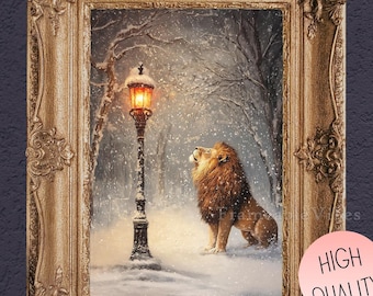 Aslan and Lamppost Wall Art, Printable Digital Home Decor, Fantasy Portrait, The Mighty Lion Poster Christmas Vibe Aslan